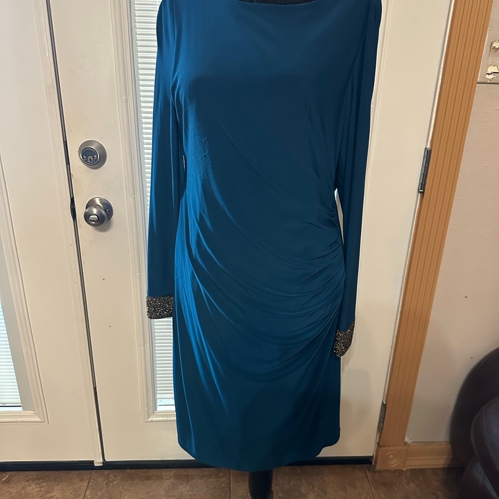 MARINA Teal Long Sleeve Dress with Embellished Cuffs